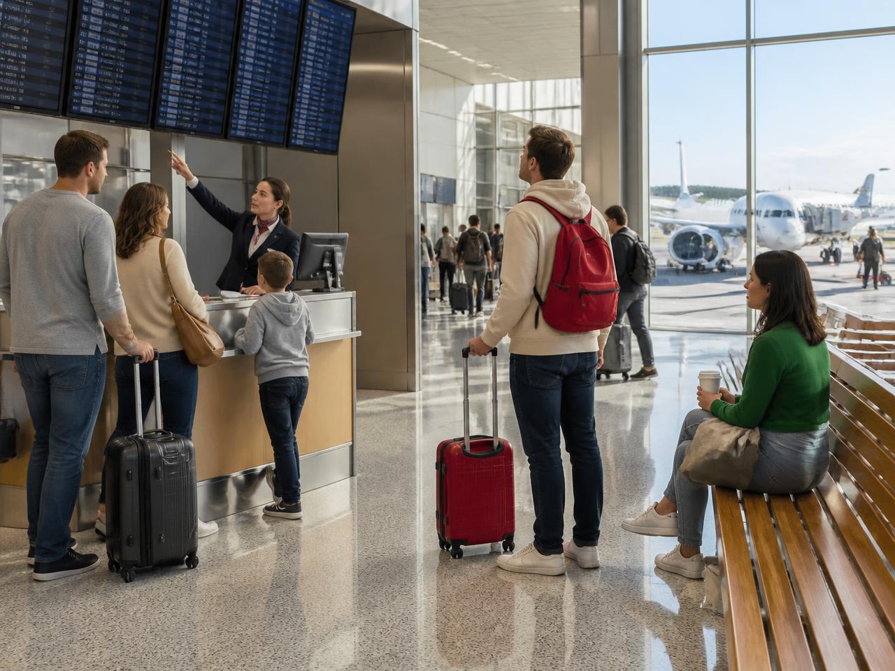 CELPIP Speaking Task 3 scene: an airport departures hall in the morning