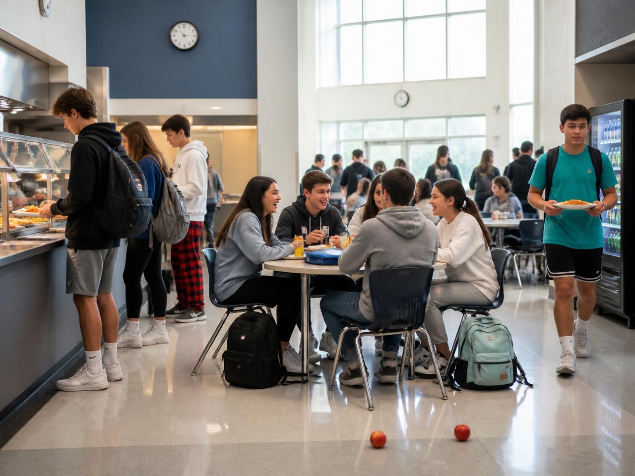 CELPIP Speaking Task 3 scene: a high school cafeteria at lunchtime