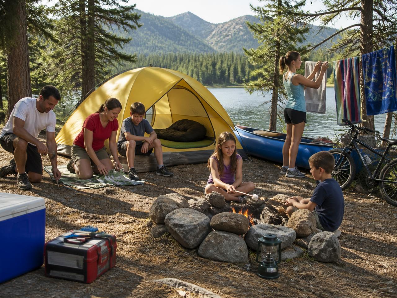 CELPIP Speaking Task 3 scene: a lakeside campground in summer