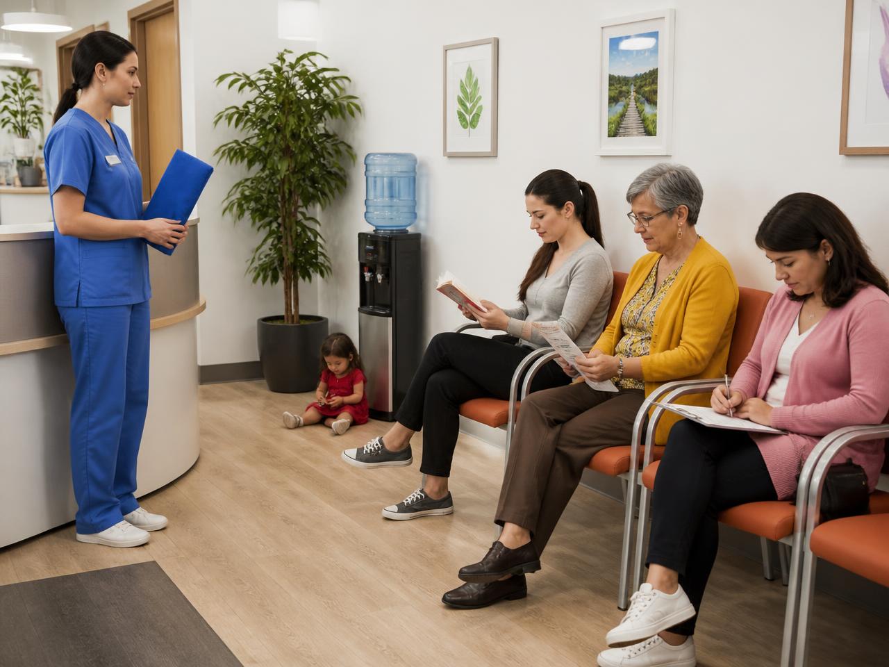 CELPIP Speaking Task 3 scene: a walk-in medical clinic waiting room