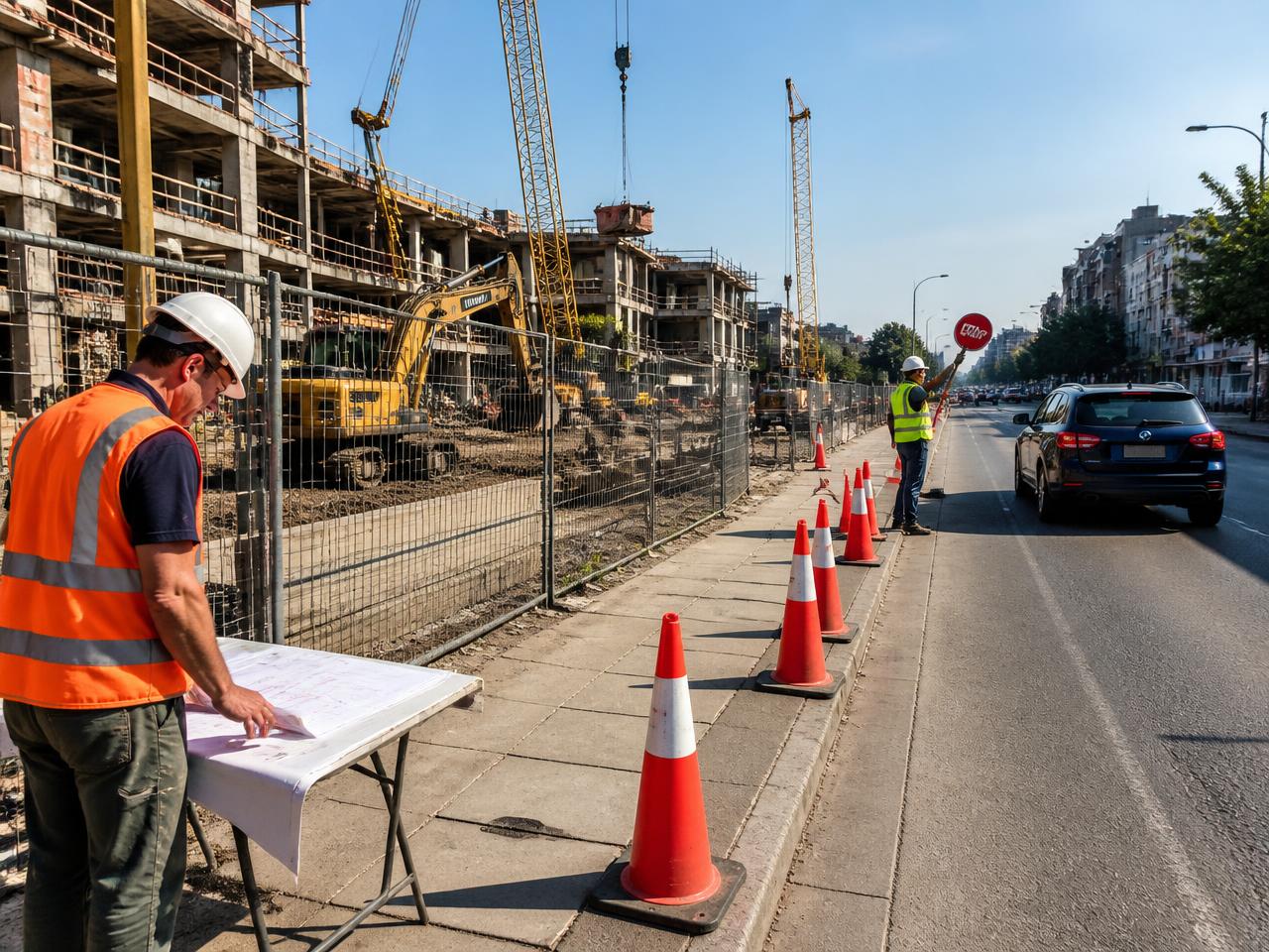 CELPIP Speaking Task 3 scene: a city construction site on a bright morning