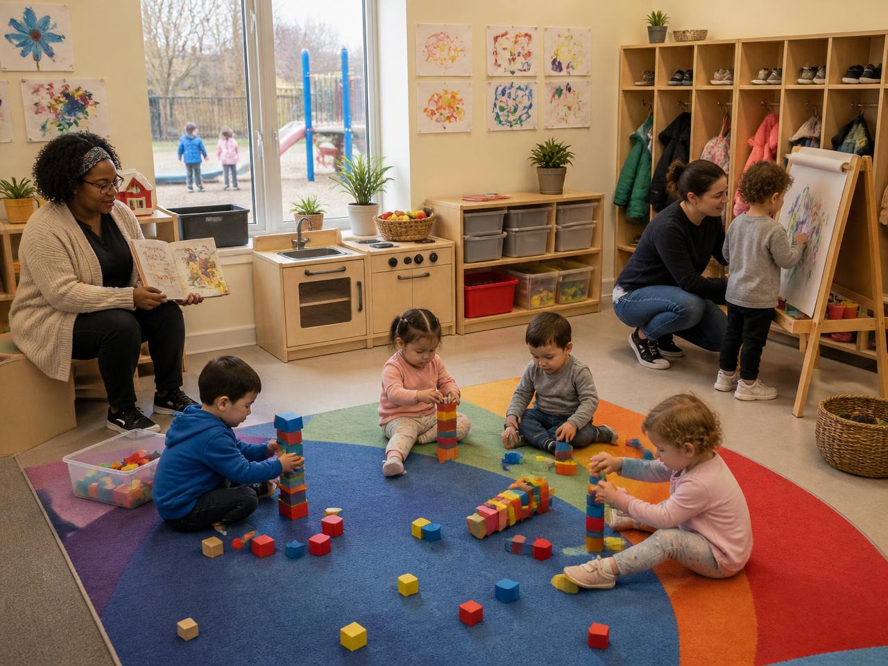 CELPIP Speaking Task 3 scene: a daycare playroom in the morning