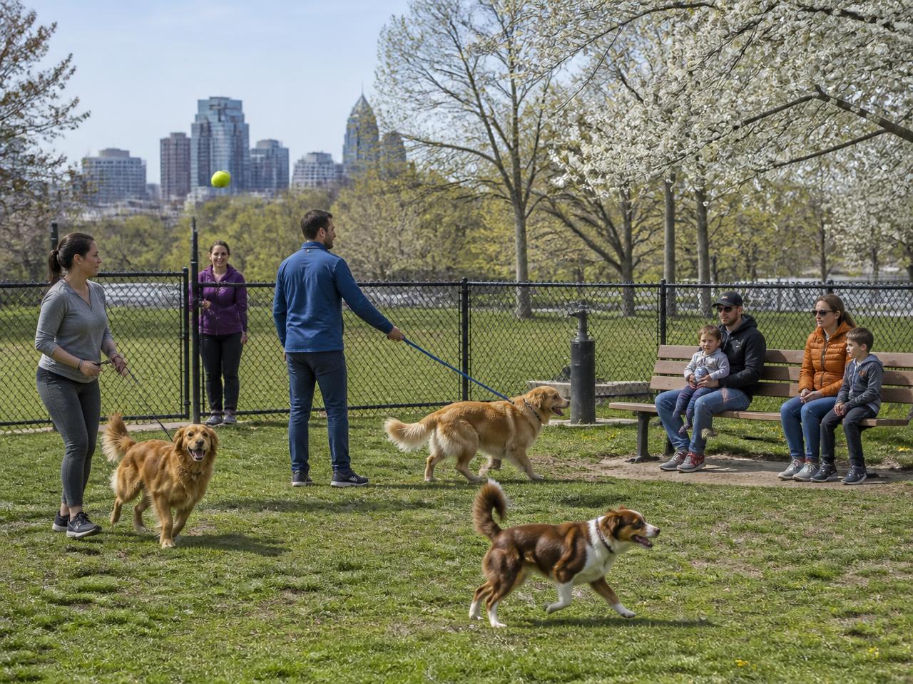 CELPIP Speaking Task 3 scene: a fenced dog park in spring