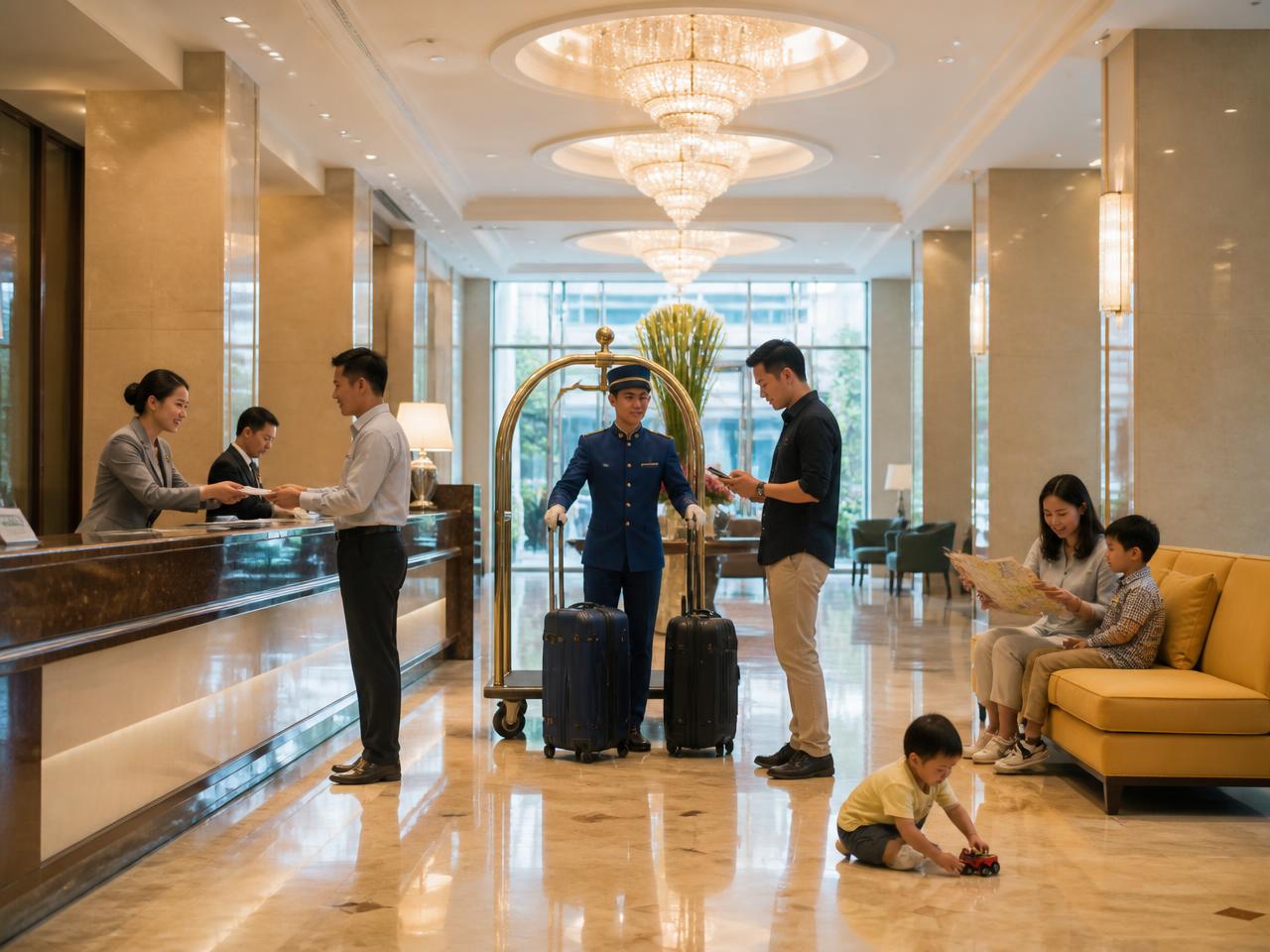 CELPIP Speaking Task 3 scene: a hotel lobby in the evening