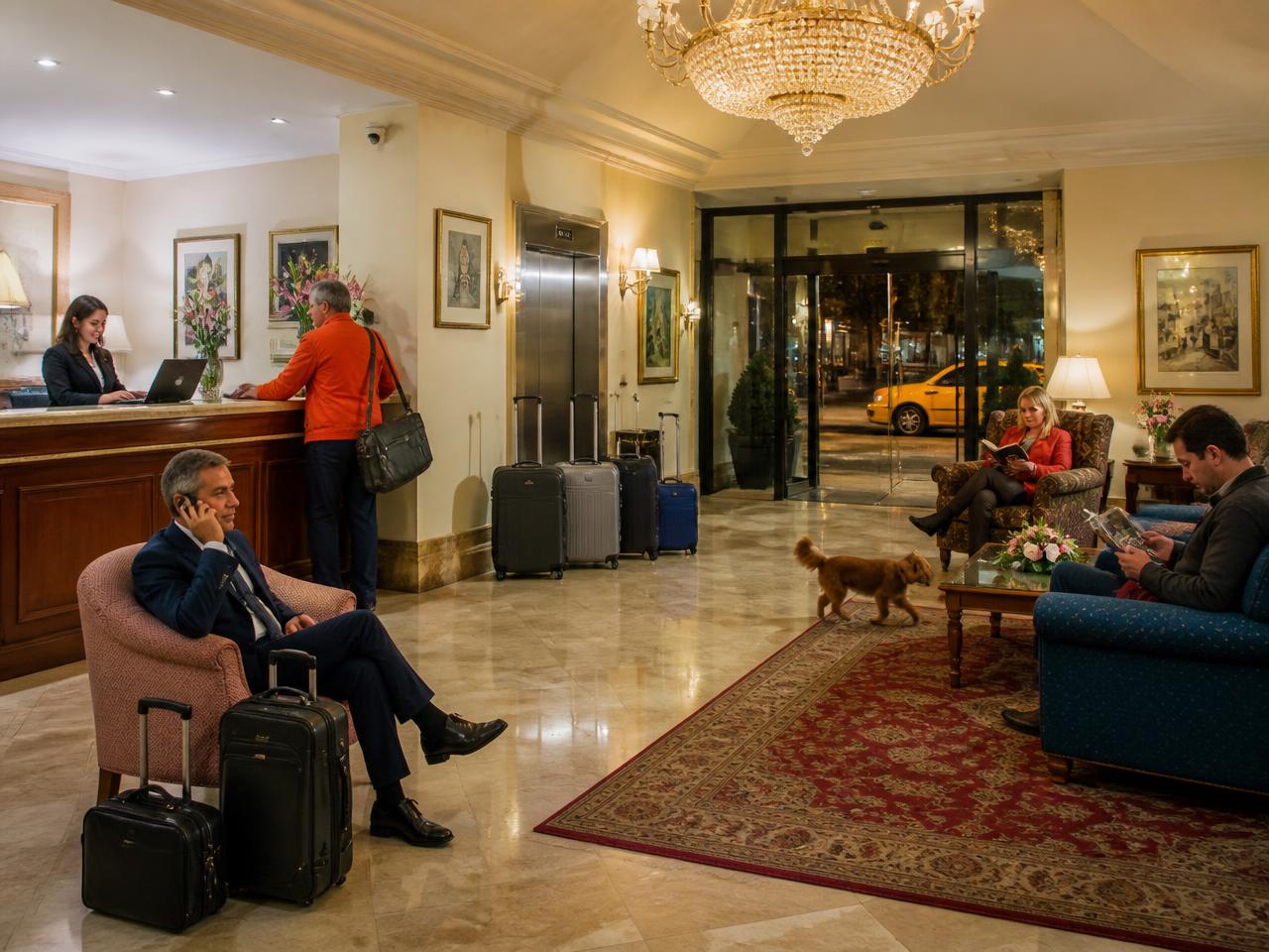 CELPIP Speaking Task 3 scene: a hotel lobby in the evening