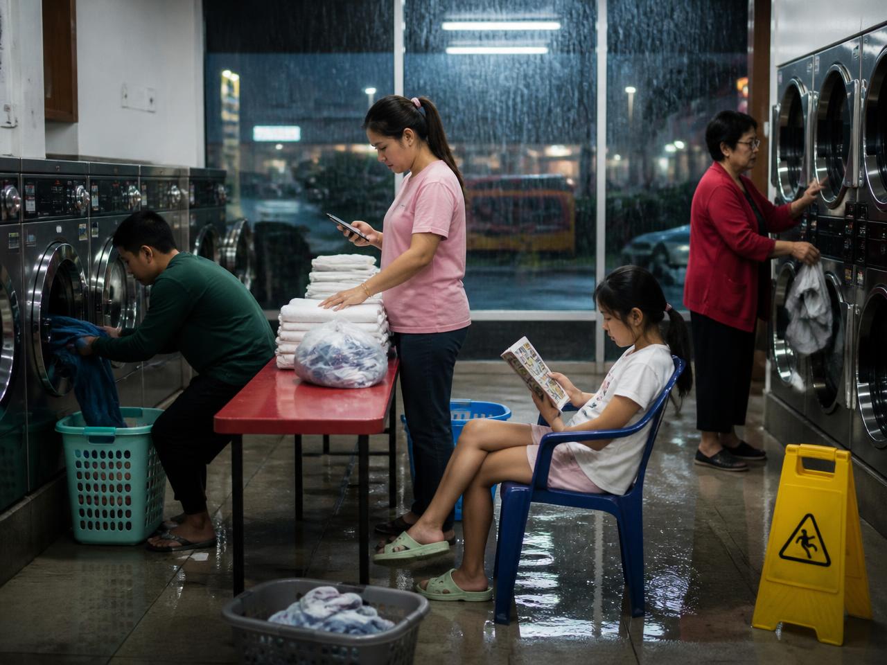 CELPIP Speaking Task 3 scene: a neighbourhood laundromat on a rainy evening