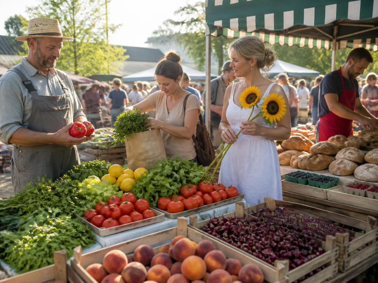CELPIP Speaking Task 3 scene: an outdoor farmers' market on a sunny Saturday
