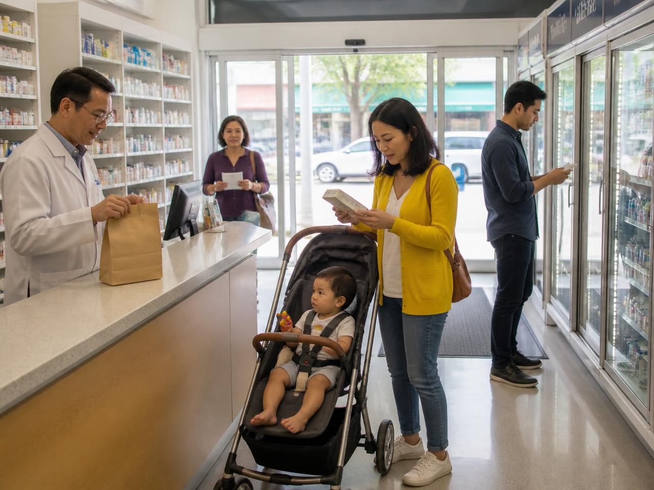 CELPIP Speaking Task 3 scene: a neighbourhood pharmacy inside a drugstore