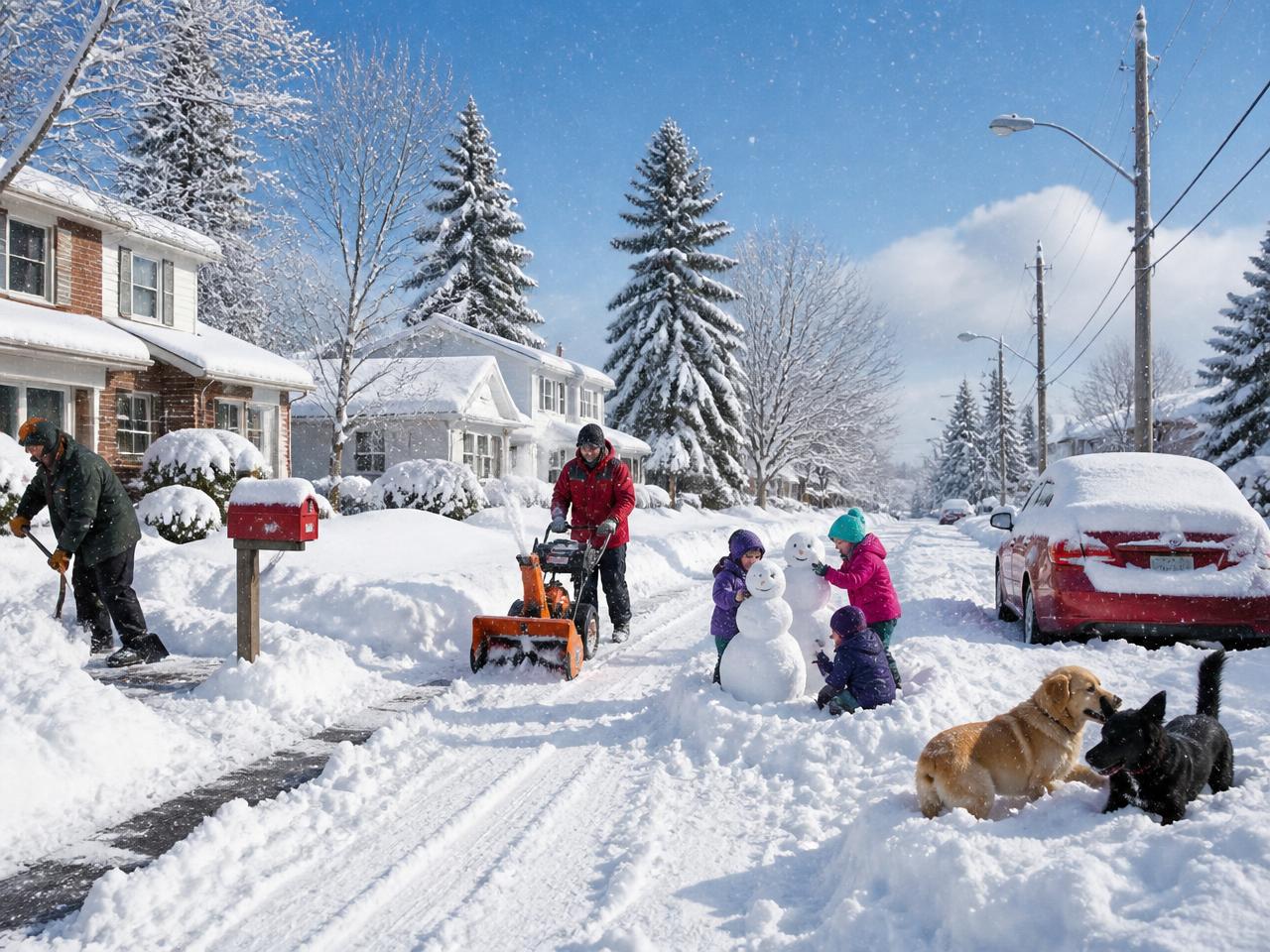 CELPIP Speaking Task 3 scene: a residential street after a snowstorm