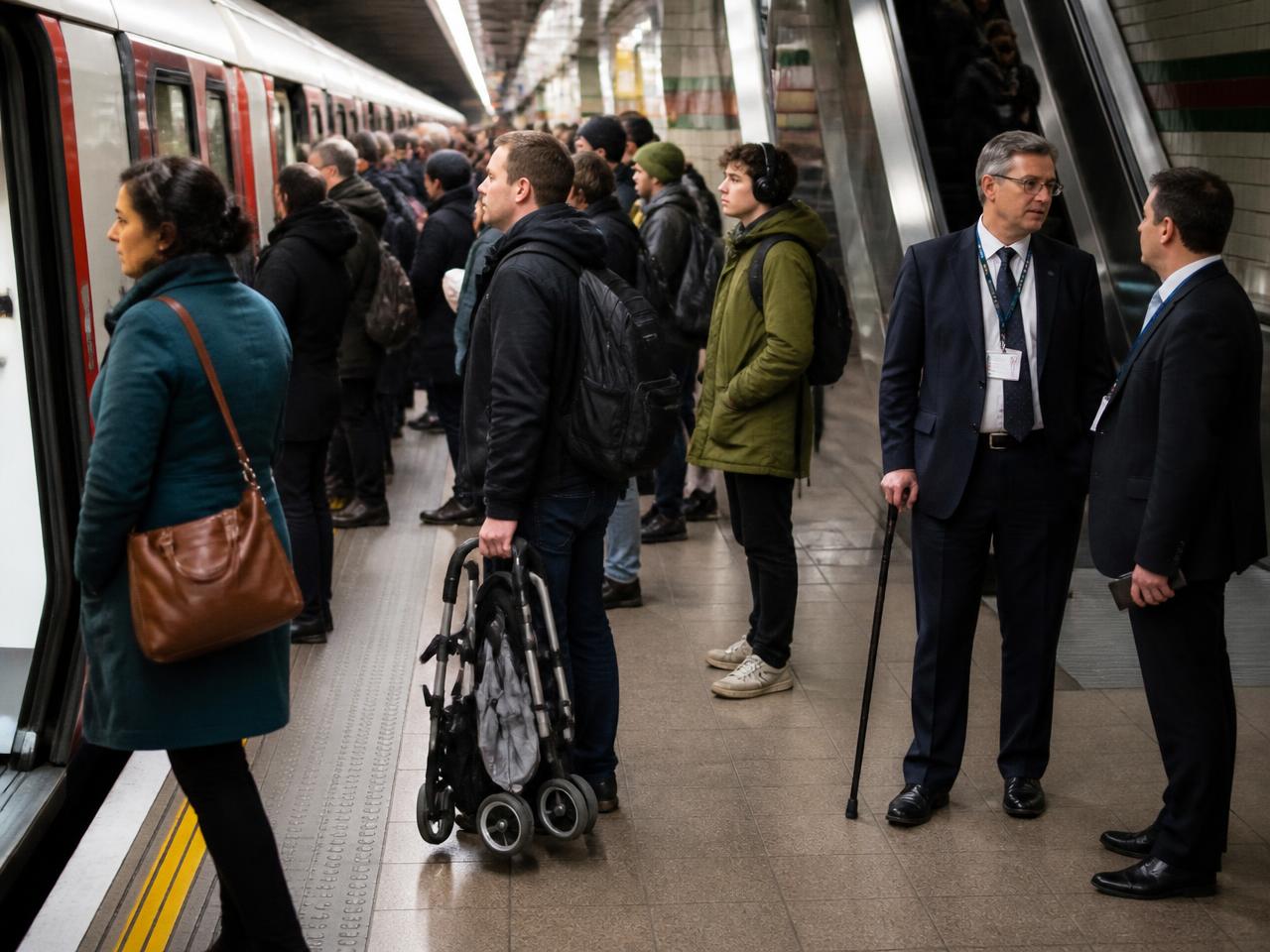 CELPIP Speaking Task 3 scene: an underground subway platform at rush hour