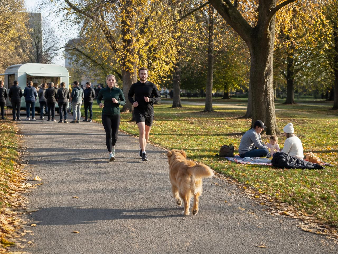 A city park in autumn with joggers on a path, a dog on a leash, families at picnic tables and a line at a food truck