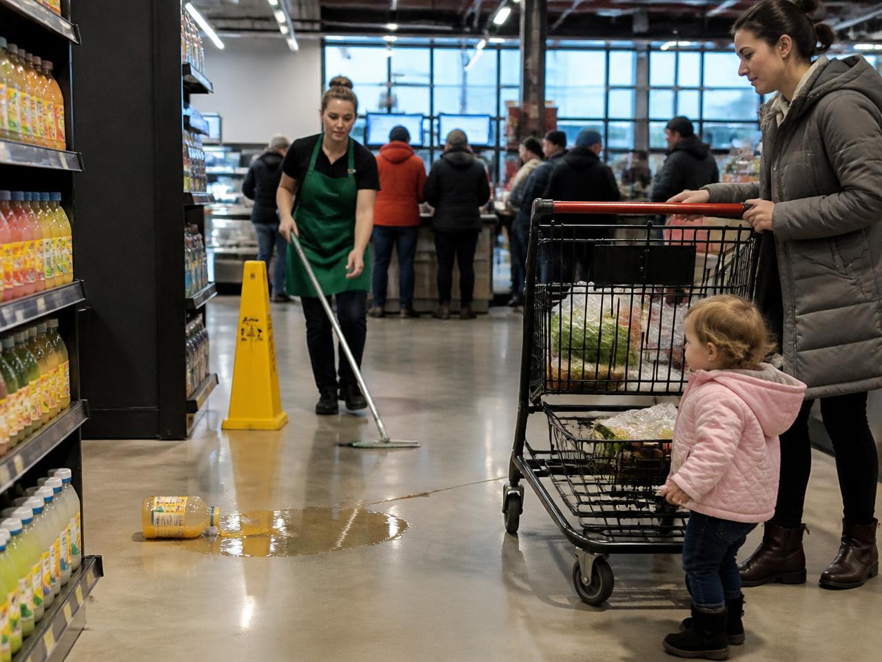 A grocery store aisle with spilled juice on the floor and a staff member walking over with a mop while a mother shops nearby