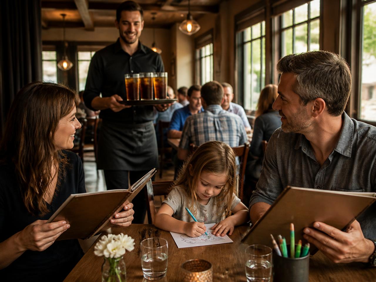 A family restaurant where a waiter approaches a table with drinks as a child colours and the parents look at menus