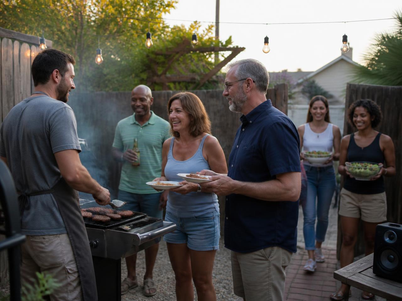 A neighbourhood barbecue with a smoking grill, tables of food and more guests arriving through the gate