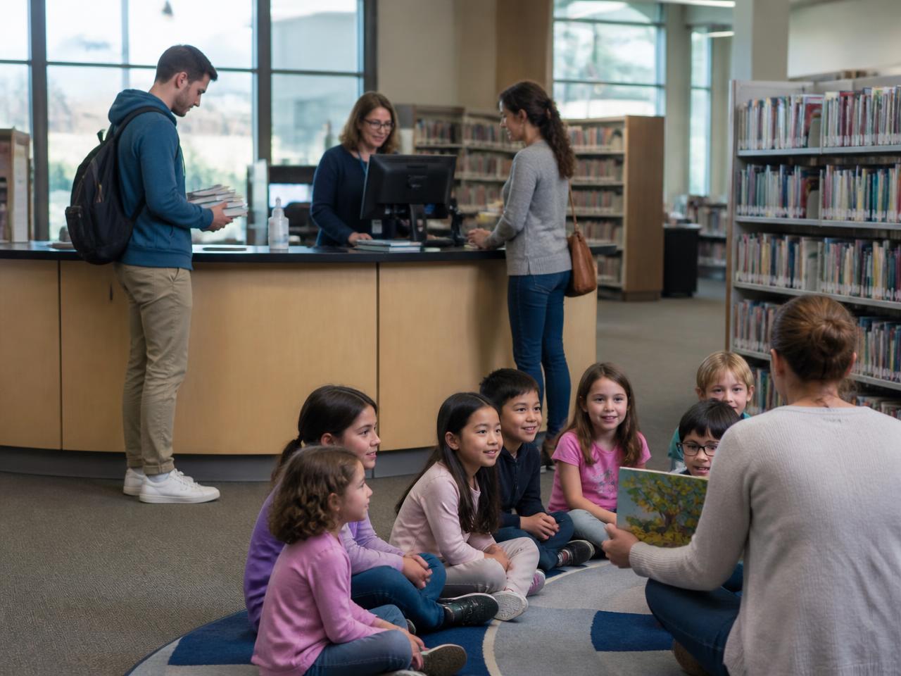A public library with children finishing story time and a young man waiting at the checkout desk