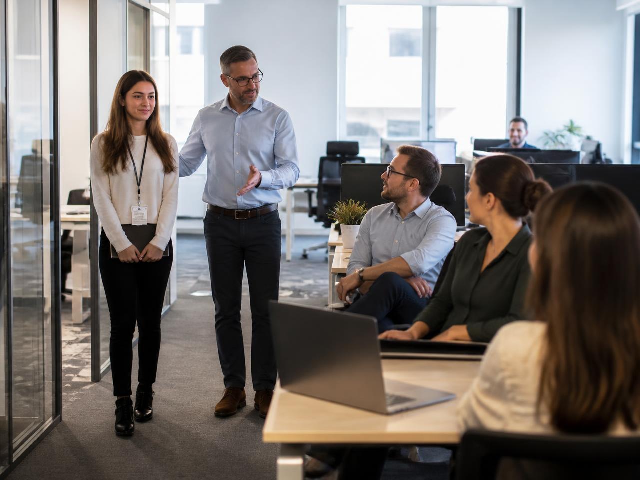 A modern office where a nervous new employee is introduced to the team by a manager