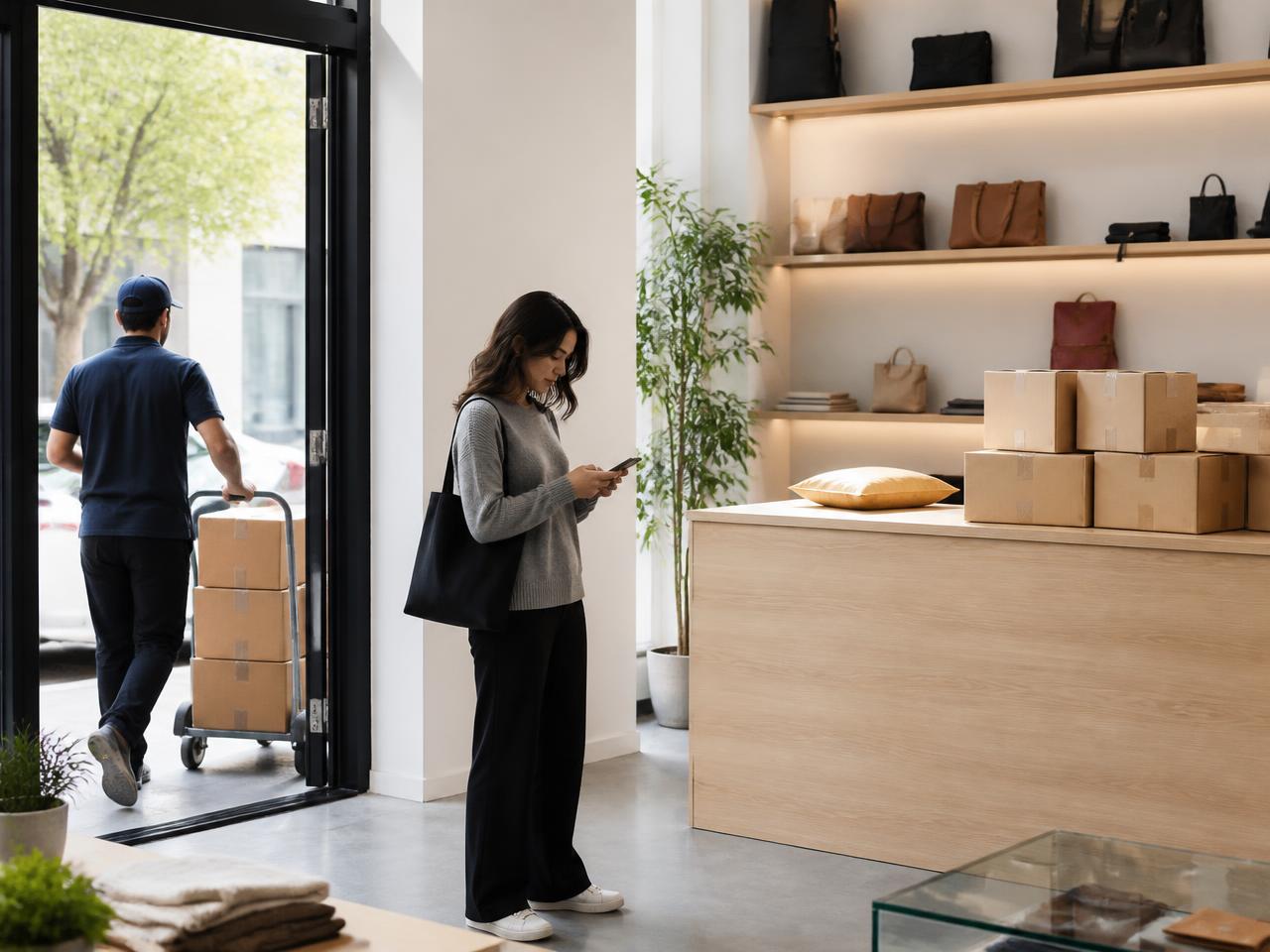 A modern retail showroom with parcels stacked at a counter and a courier collecting them