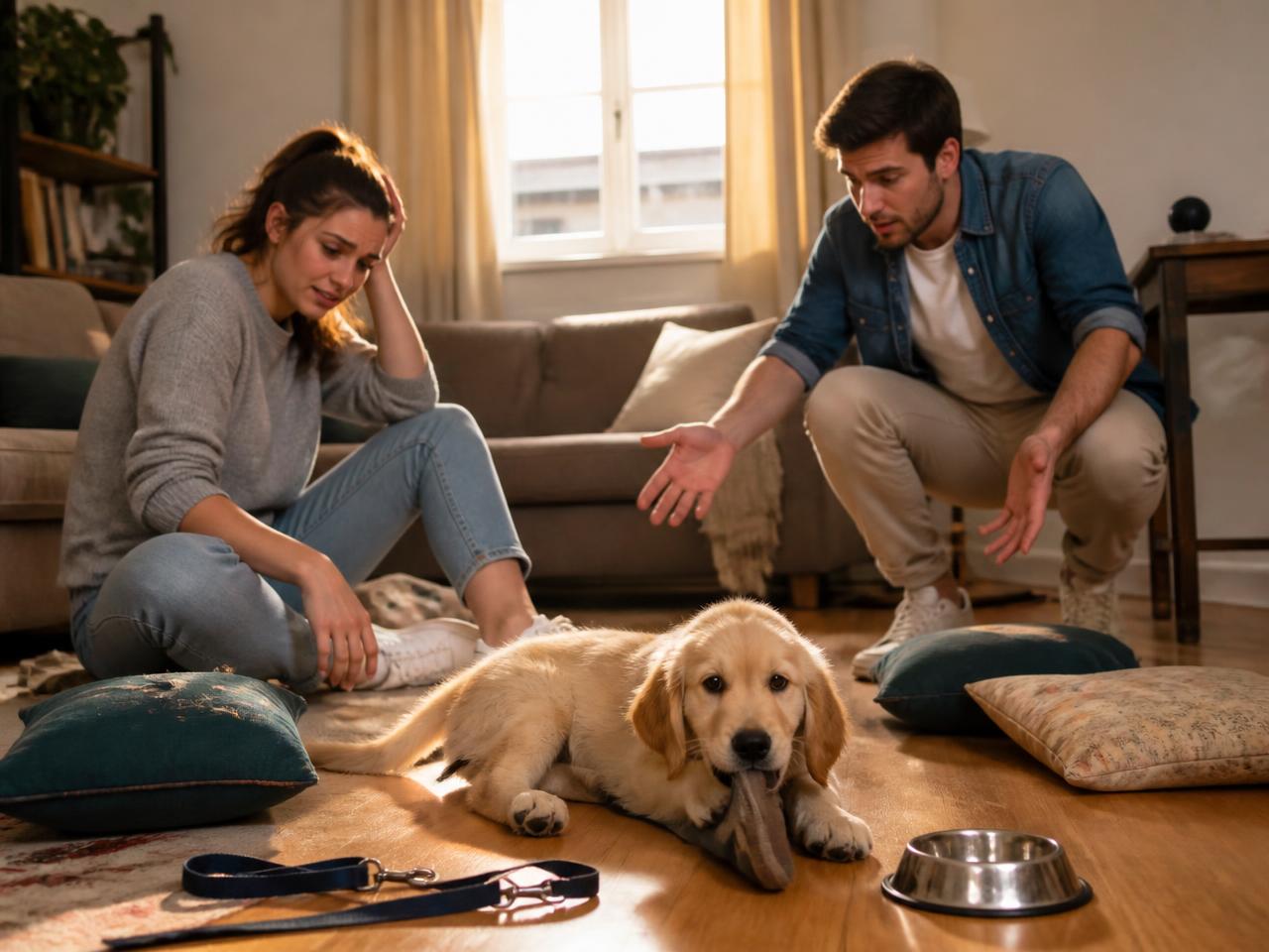 First-time puppy owners in a messy living room with chewed toys and a small dog running around