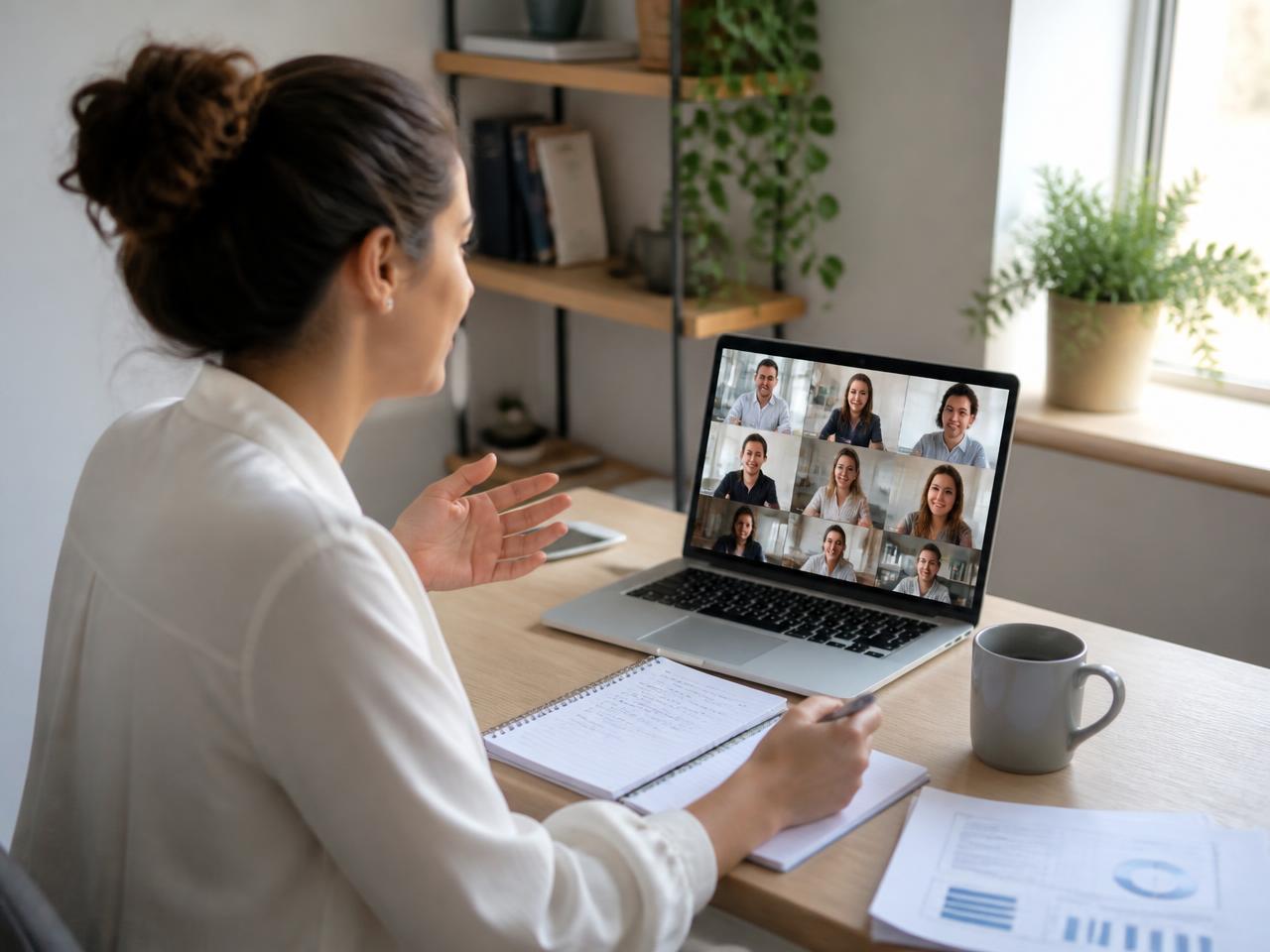A woman working from home on a video call with colleagues on her laptop screen at a tidy desk