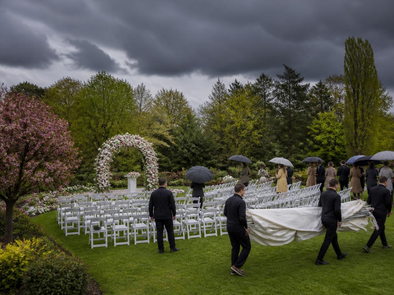 An outdoor garden wedding setup with rows of white chairs and a floral arch under dark rain clouds as staff carry a tent and guests hold umbrellas