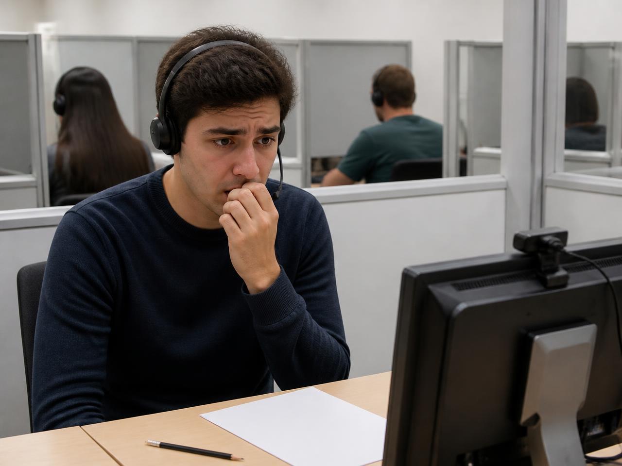 A nervous student in a headset at a computer in a language testing room with untouched notepaper beside him