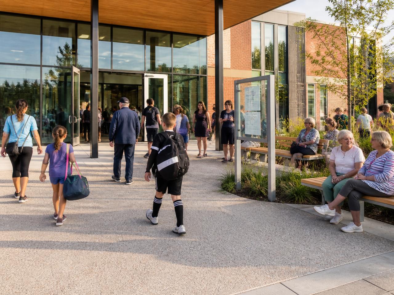 A new community centre entrance with families, children with sports bags and seniors arriving and sitting outside