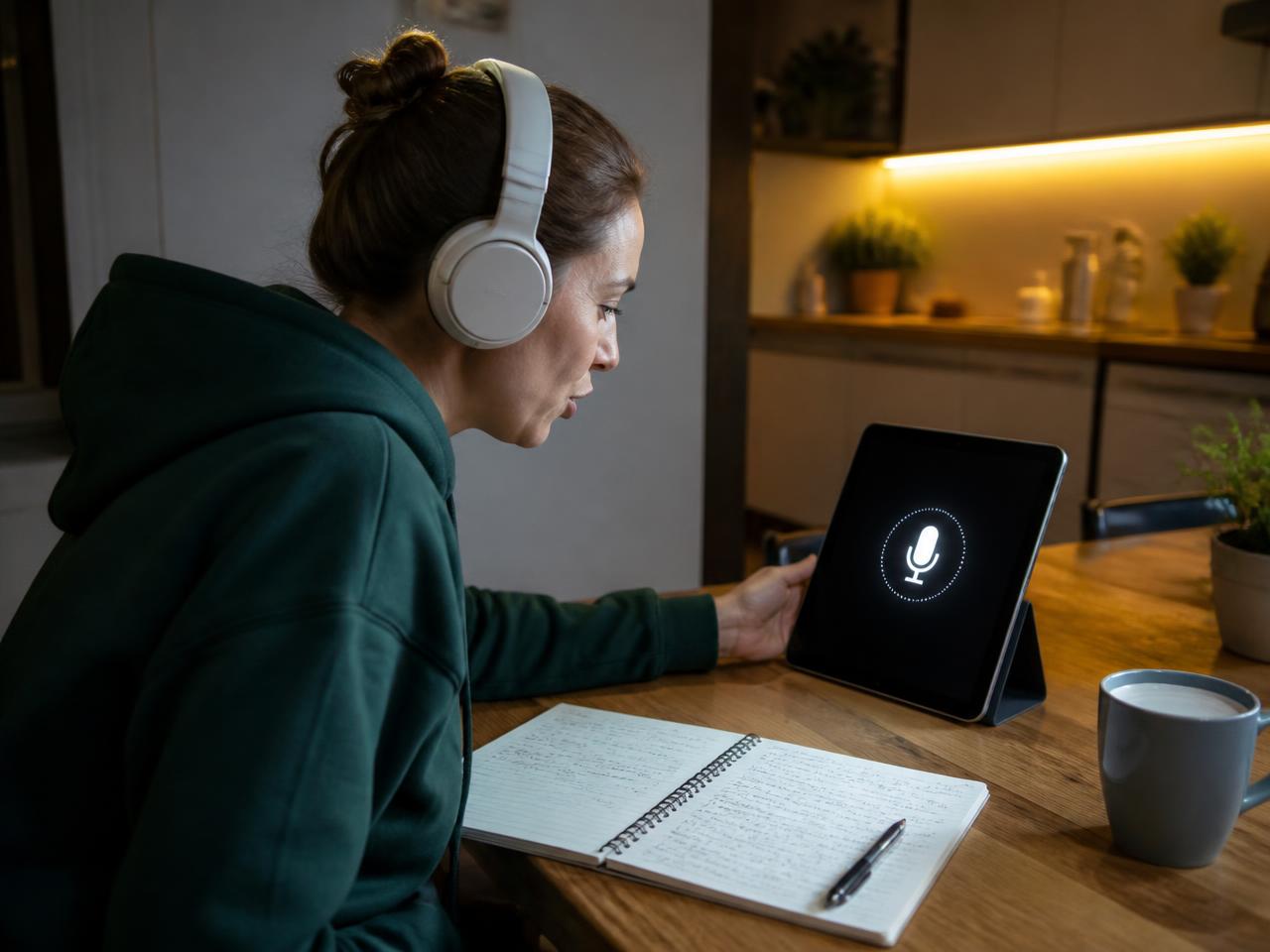 An adult learner wearing headphones practising speaking into a tablet at a kitchen table beside a notebook