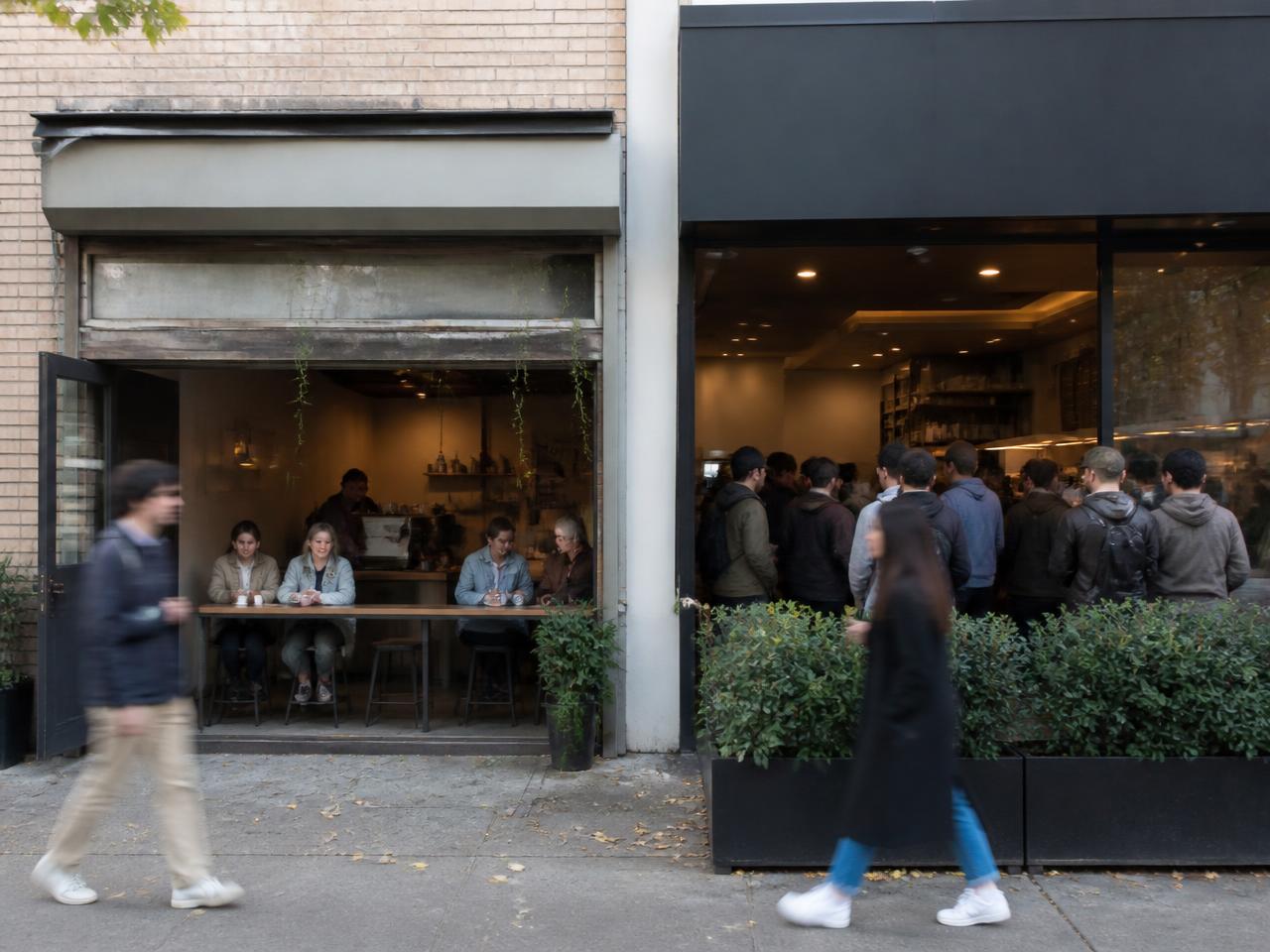 A small independent café with a few customers beside a large chain coffee shop with a long queue on the same street