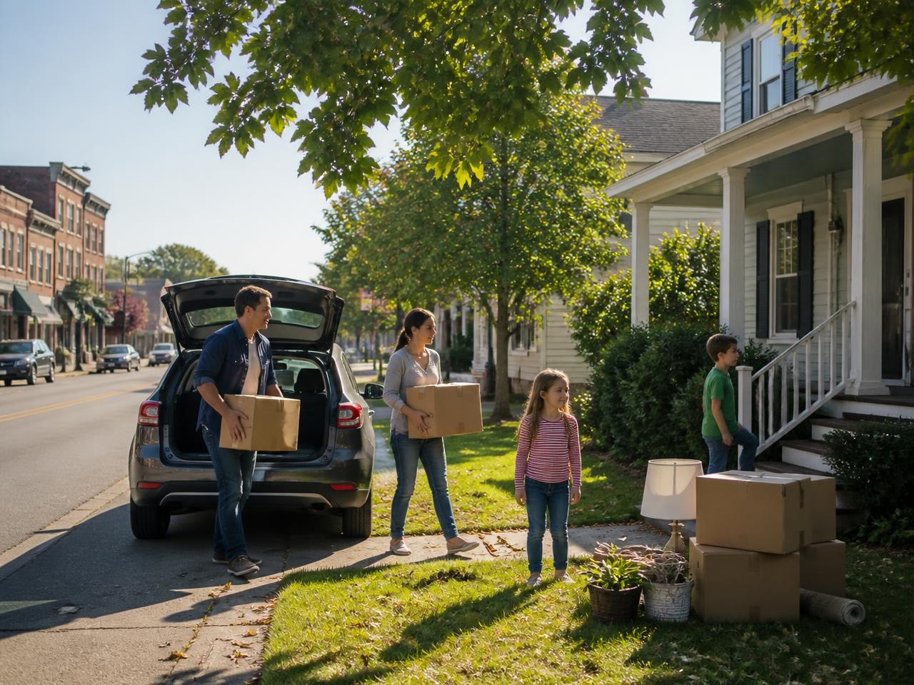 A family unloading moving boxes from a car in front of a house on a quiet small-town street