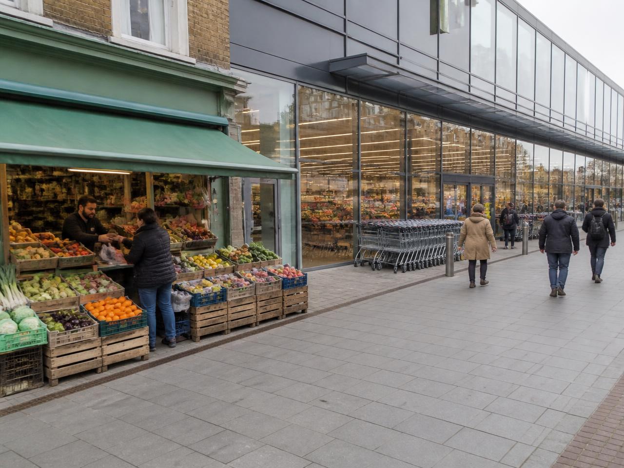 A small neighbourhood produce shop with crates of fruit beside a large new supermarket entrance with rows of carts