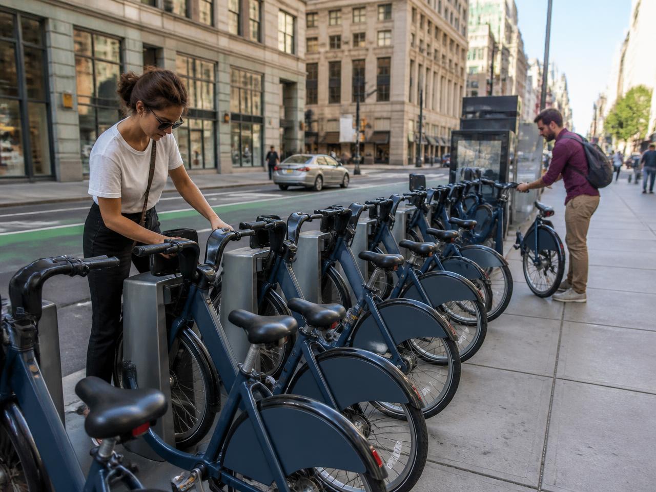 A downtown bike-share station with a row of rental bikes as a woman unlocks one and a man returns another