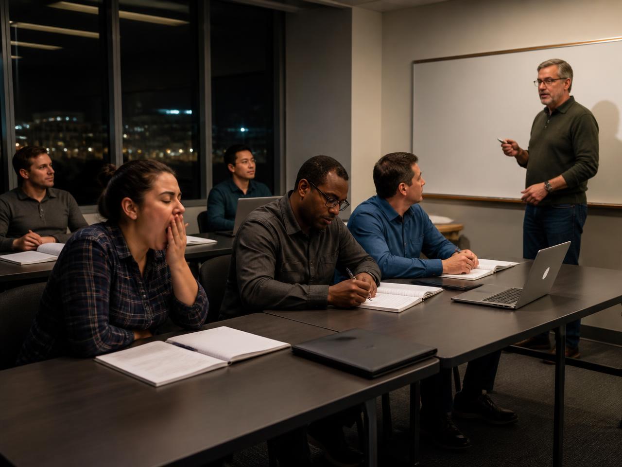 An evening adult education class with working adults at desks, an instructor at a whiteboard and dark windows outside