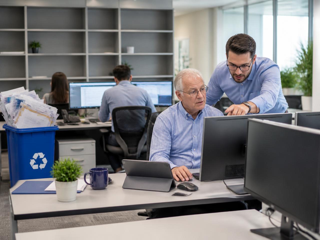 An office going paperless: staff at monitors and tablets, a recycling bin full of paper and a senior employee being shown new software