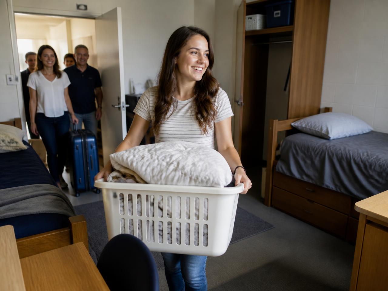 A first-year student carrying bedding into a university residence room while her parents bring suitcases behind her