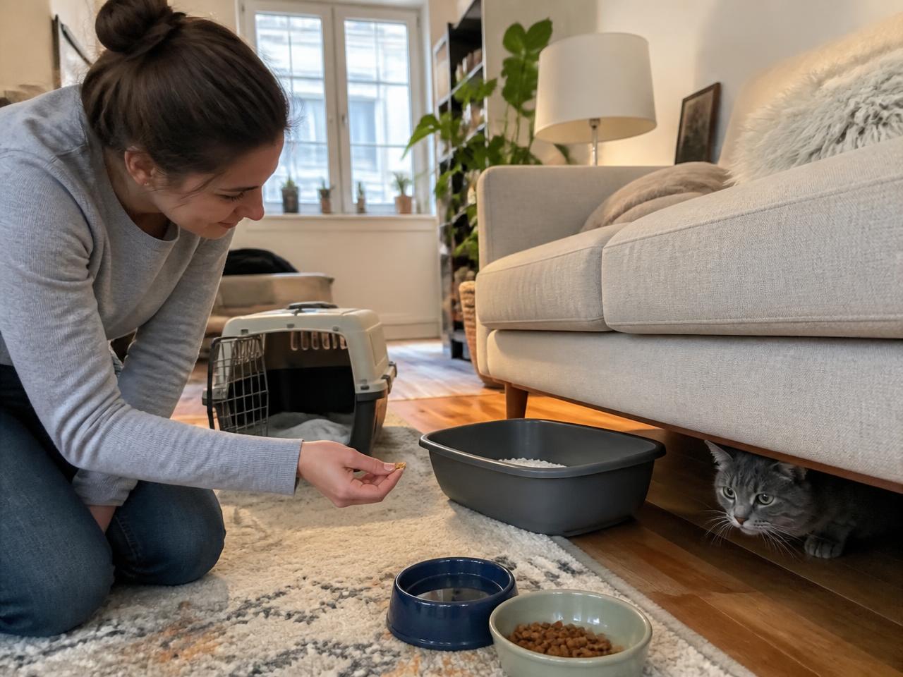 An adopted rescue cat hiding under a sofa while a woman kneels nearby offering a treat next to new bowls, litter box and carrier