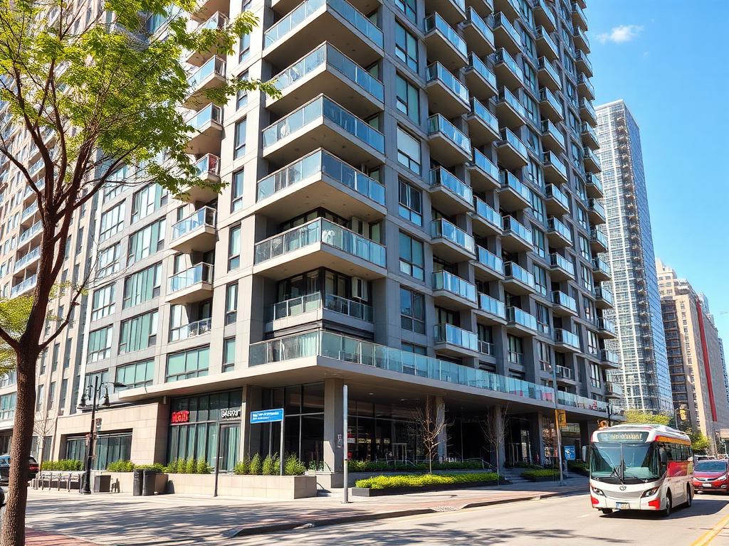 A modern downtown apartment tower beside a busy street with a transit stop