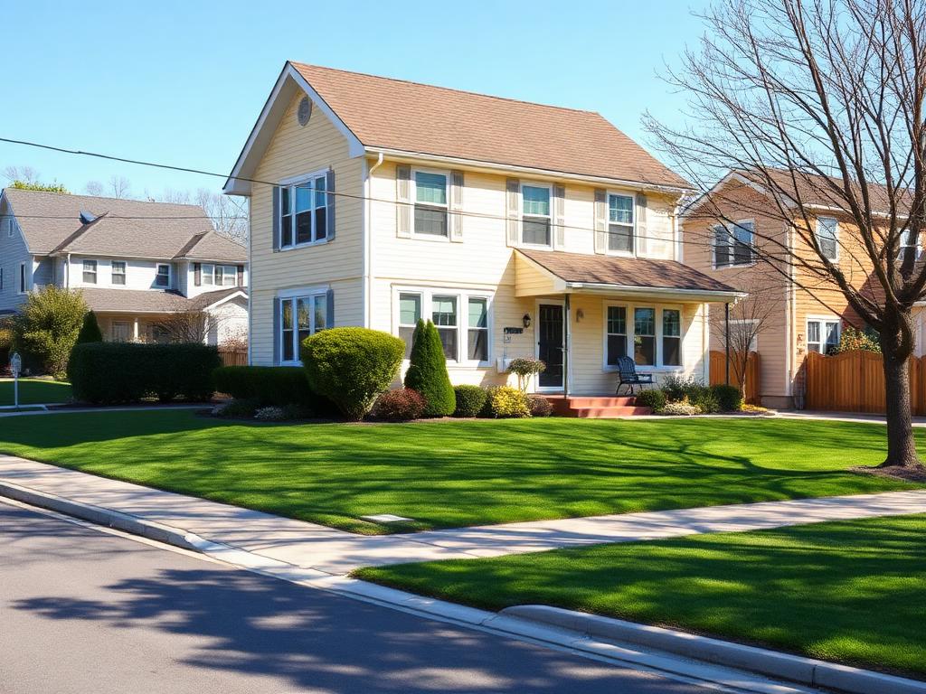 A two-storey suburban house with a green lawn on a quiet street