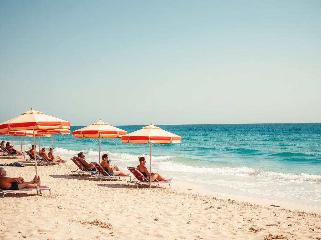 Sun loungers and umbrellas on a sandy beach beside calm ocean waves