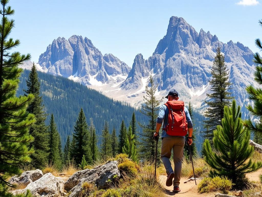 A hiker with a backpack walking a rocky mountain trail through pine forest