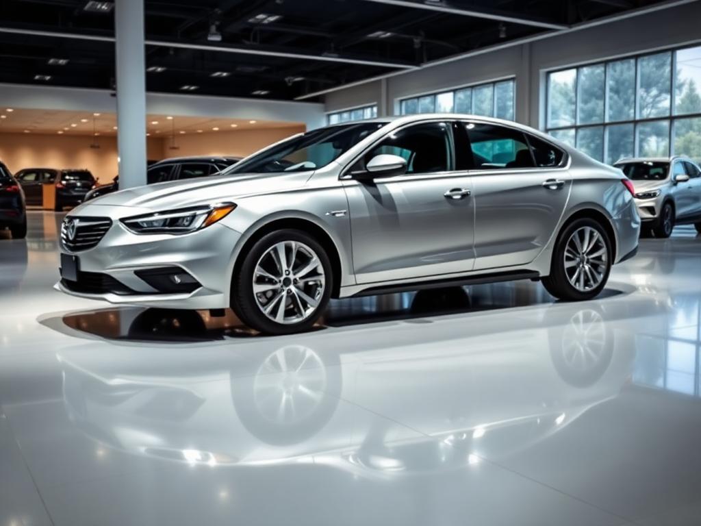 A shiny new silver sedan on a clean dealership showroom floor