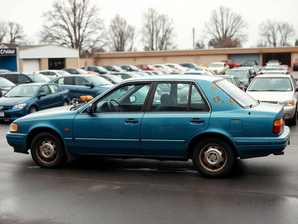 An older blue sedan with worn paint parked in an outdoor used-car lot