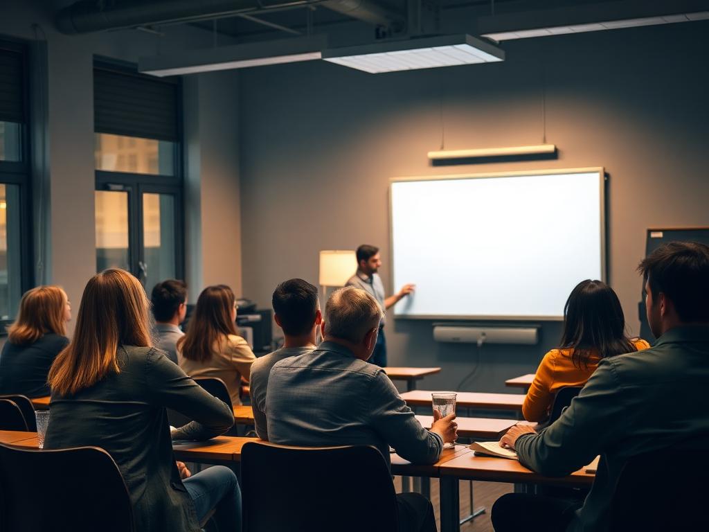 Adult students in an evening classroom with a teacher at a whiteboard