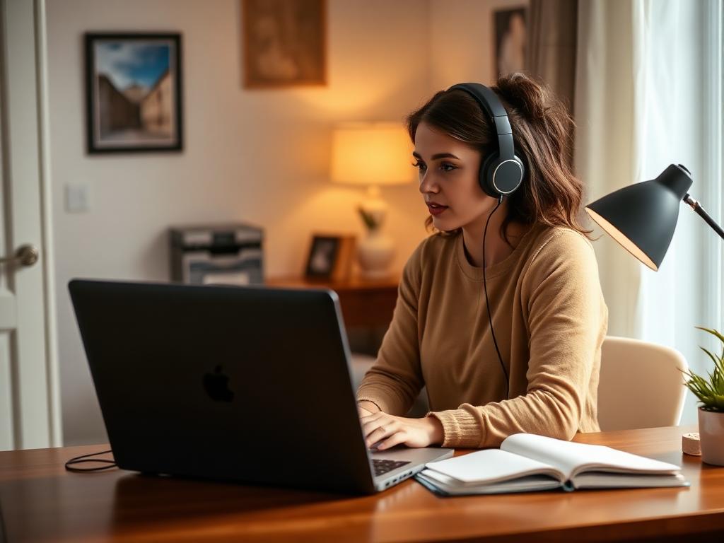 A woman studying alone at home with a laptop and headphones
