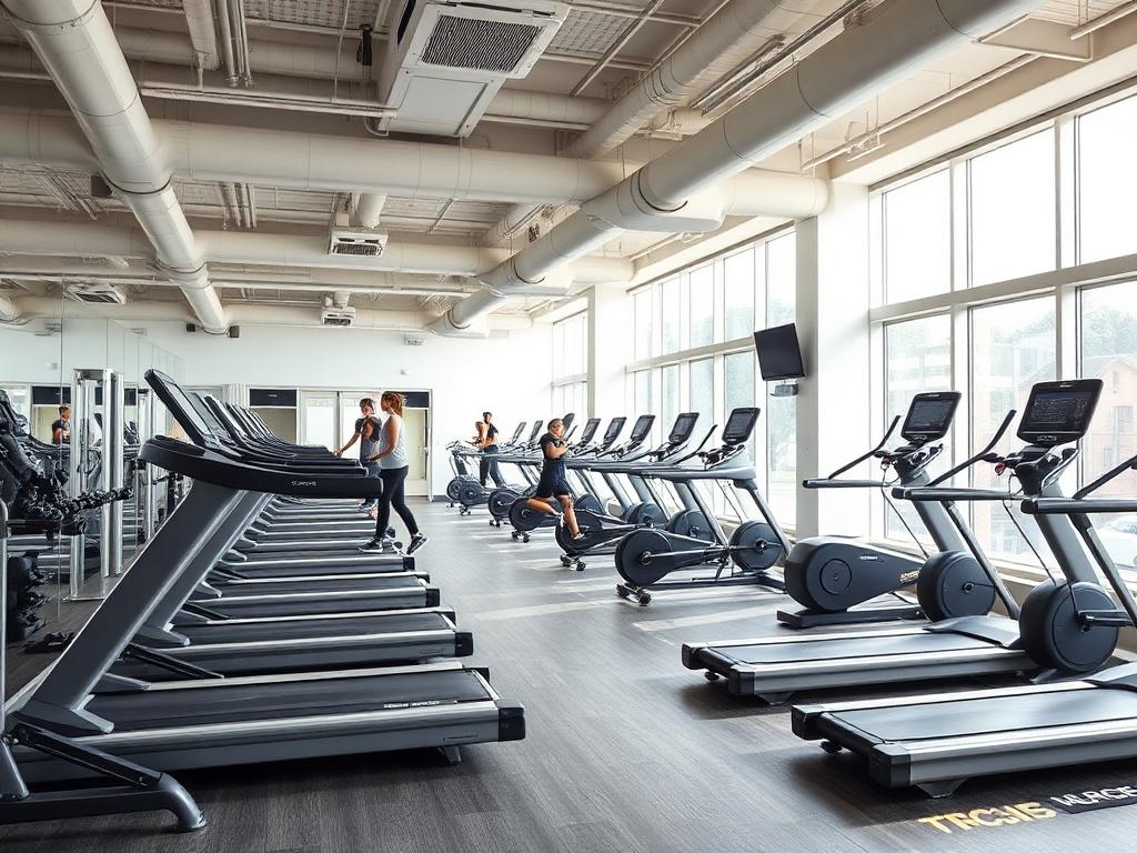 A modern indoor gym with treadmills and weight machines in use