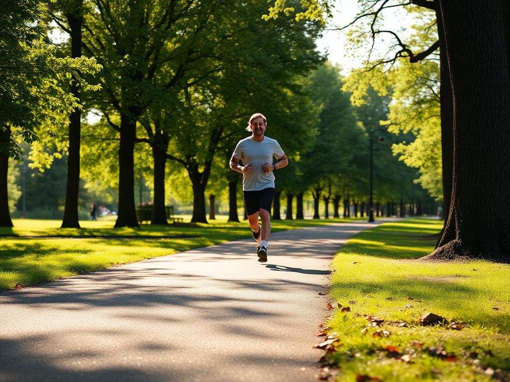 A runner jogging along a tree-lined park path in the morning