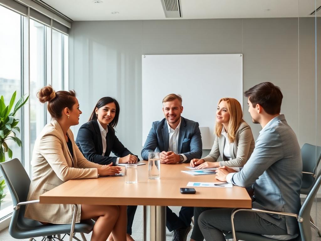 Colleagues talking together around a table in a bright meeting room
