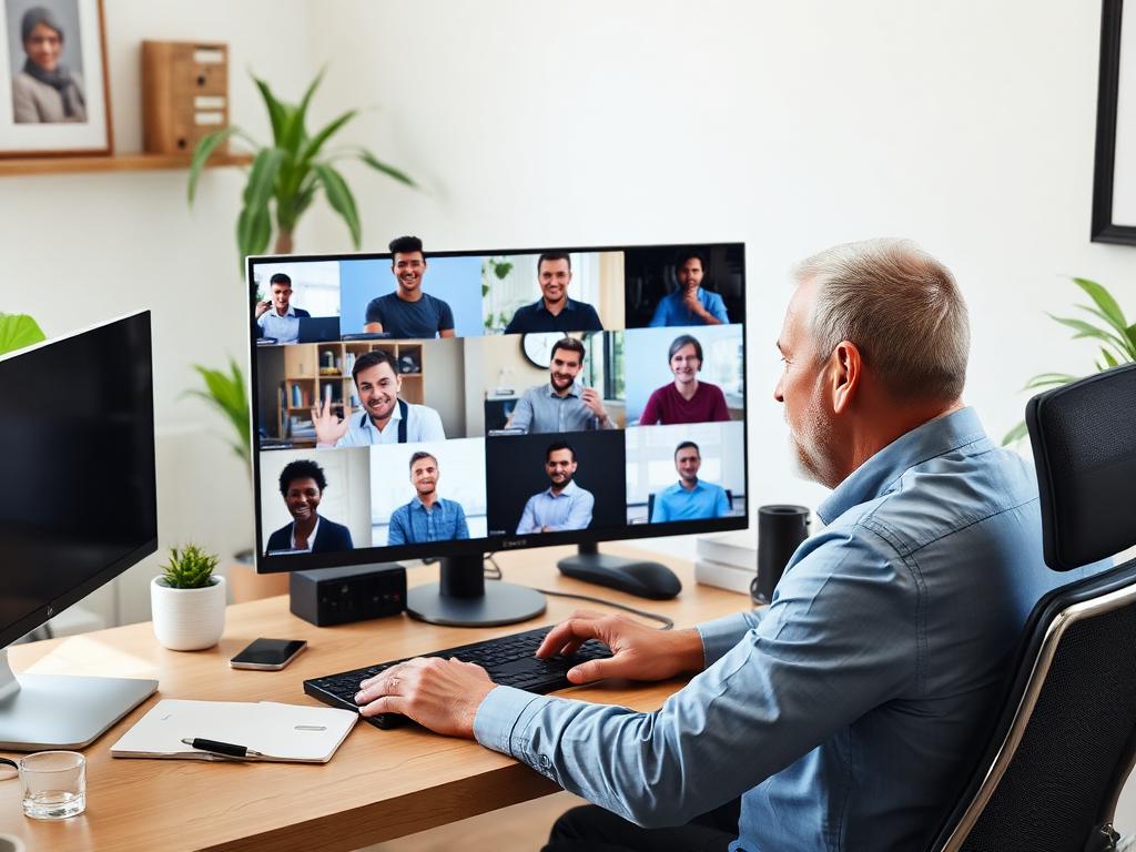 A man at a home desk on a video call with colleagues on screen