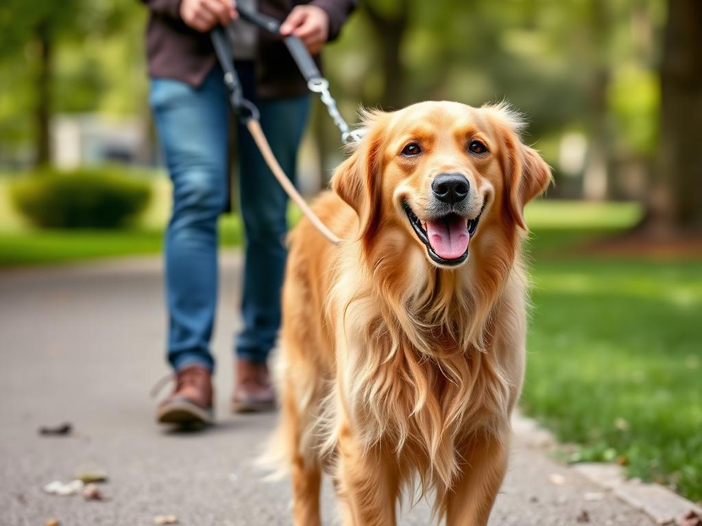 A golden retriever on a leash being walked along a park path