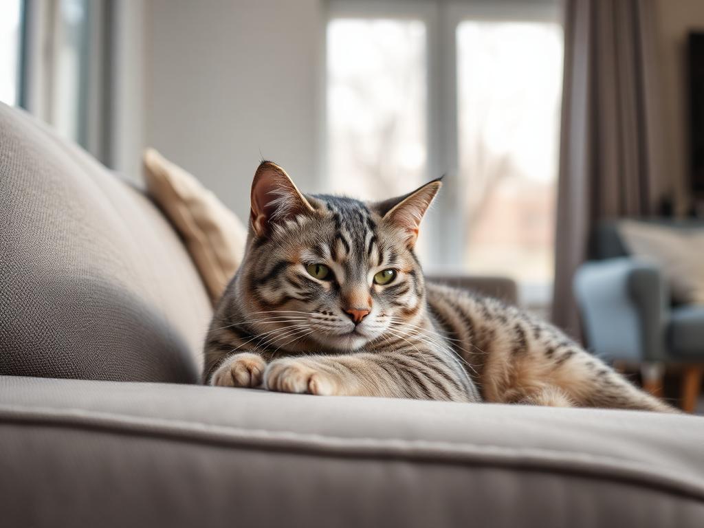 A grey tabby cat resting quietly on a living-room sofa