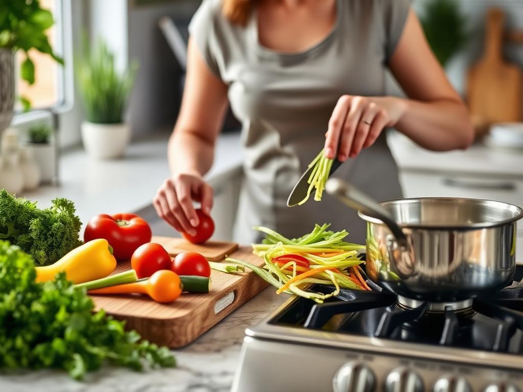 Fresh vegetables being chopped and cooked in a home kitchen